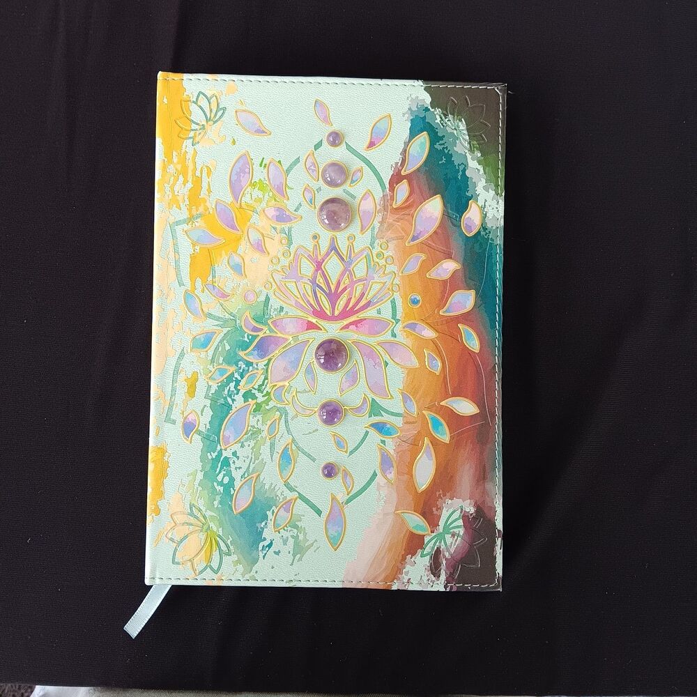 Amethyst Gem Stones Embossed Journal Satin Ribbon Bookmark Sprayed Blue Edges